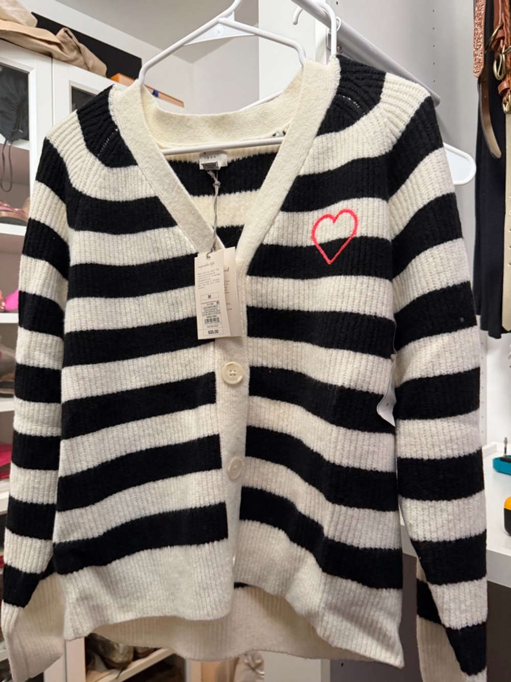 Target A new day Black and Cream Striped V-Neck Cardigan with Pink Heart